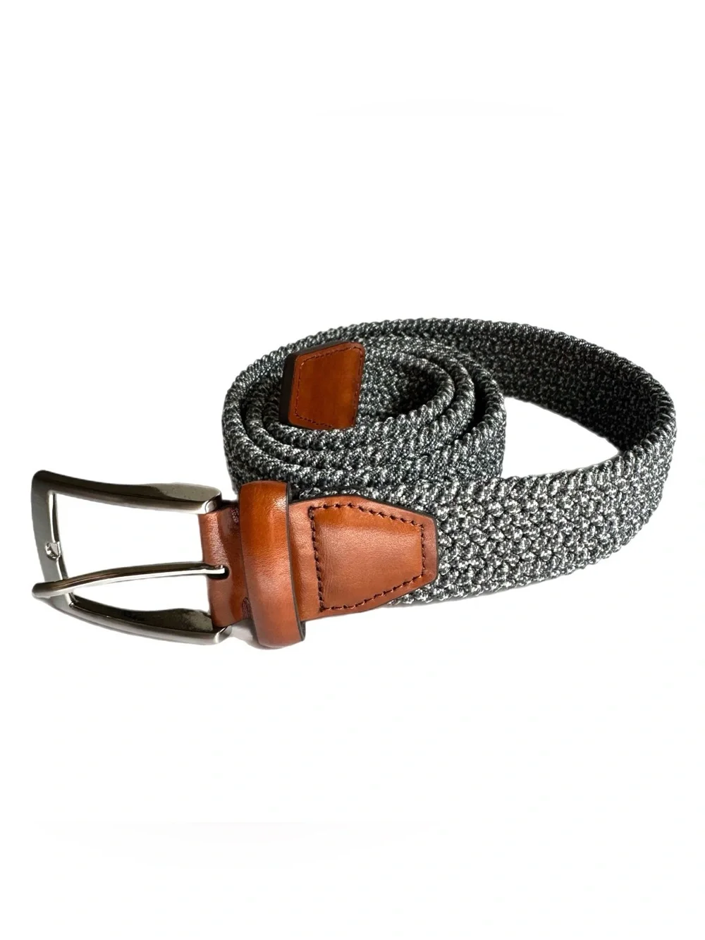 Italian Leather Woven Braided Stretch Belt Gray Brown 38 Casual Golf